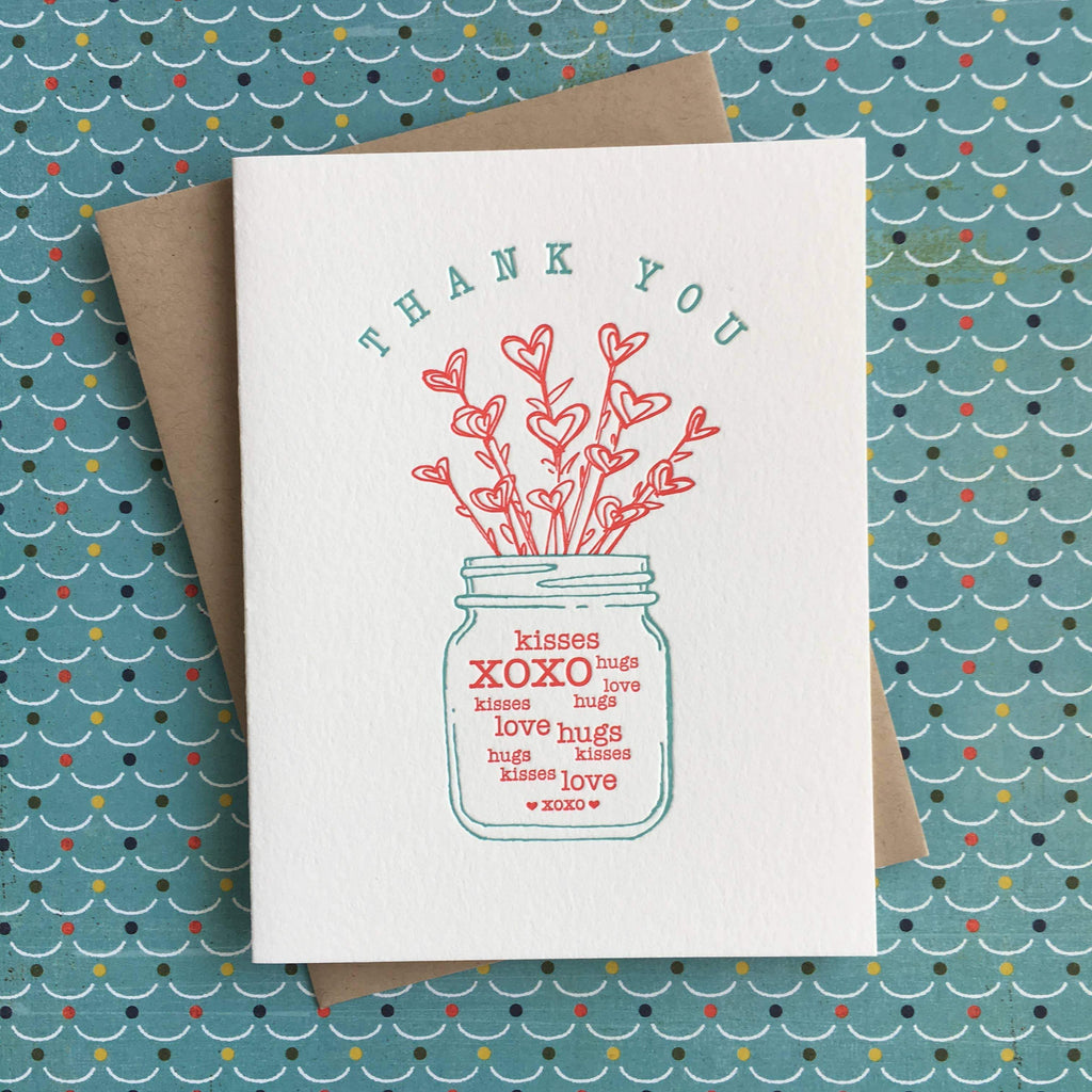 Thank You text kisses hugs xoxo love Jar of Hearts letterpress card - Austin Gift Shop