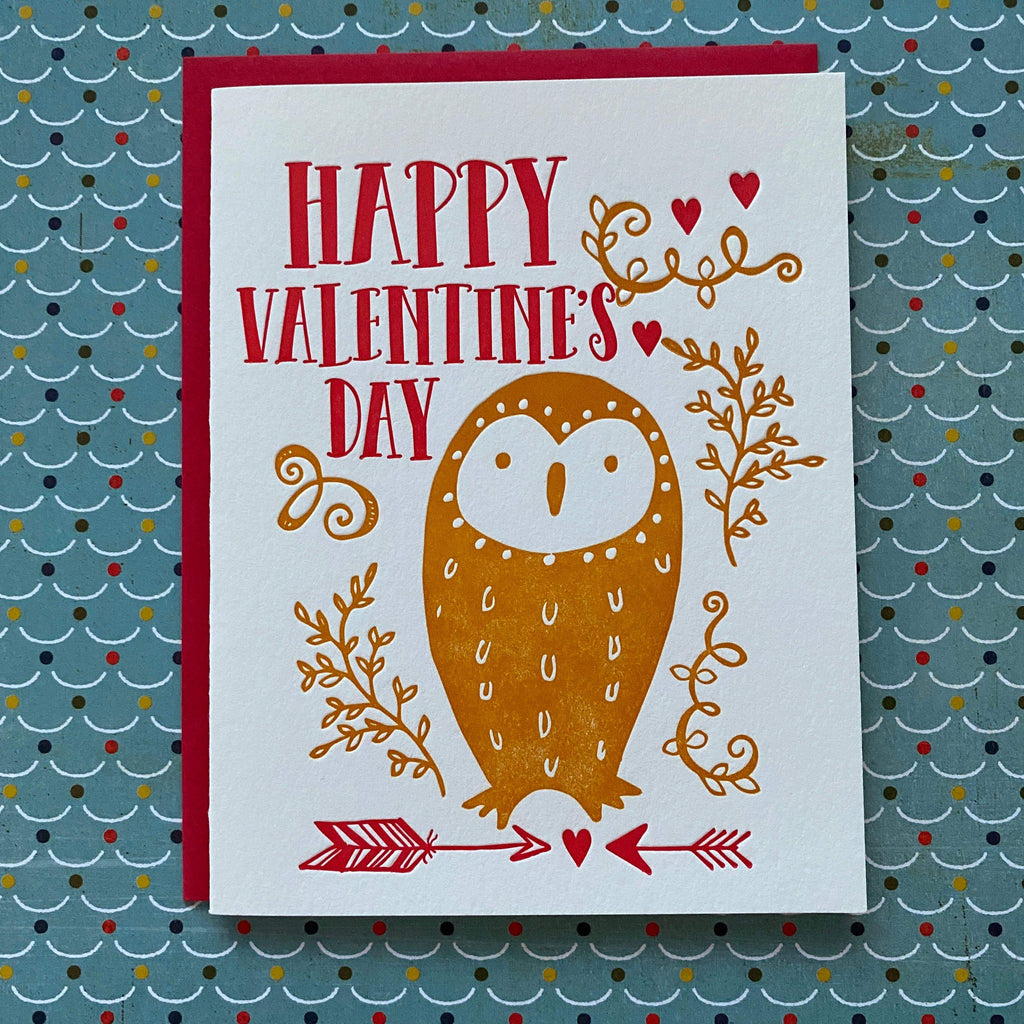 Happy Valentine’s Day Yellow Owl Letterpress Card - Austin Gift Shop
