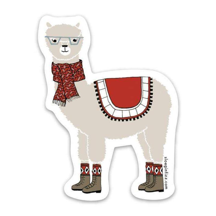 Vinyl Alpaca wearing scarf, boots, and glasses Sticker - Austin Gift Shop