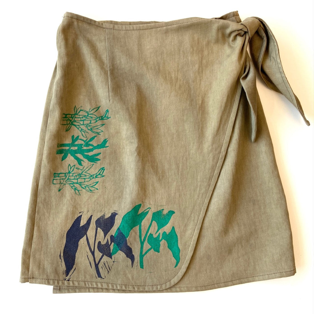 Green hand dyed utilitarian Wrap Skirt with block printed wildflowers - Austin Gift Shop