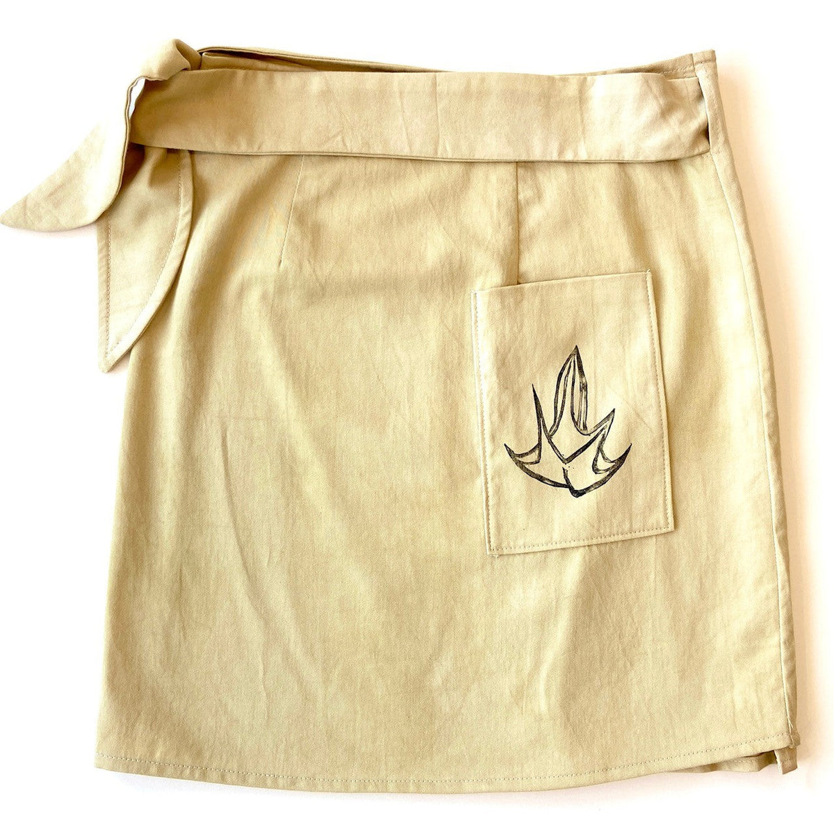 Yellow hand dyed utilitarian Wrap Skirt with black block printed pattern - back - Austin Gift Shop
