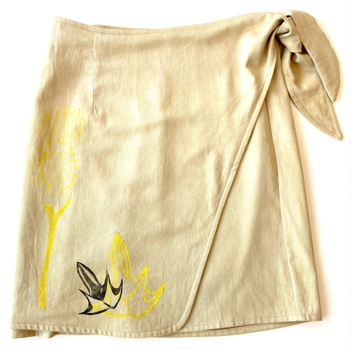 Yellow hand dyed utilitarian Wrap Skirt with black block printed pattern - Austin Gift Shop