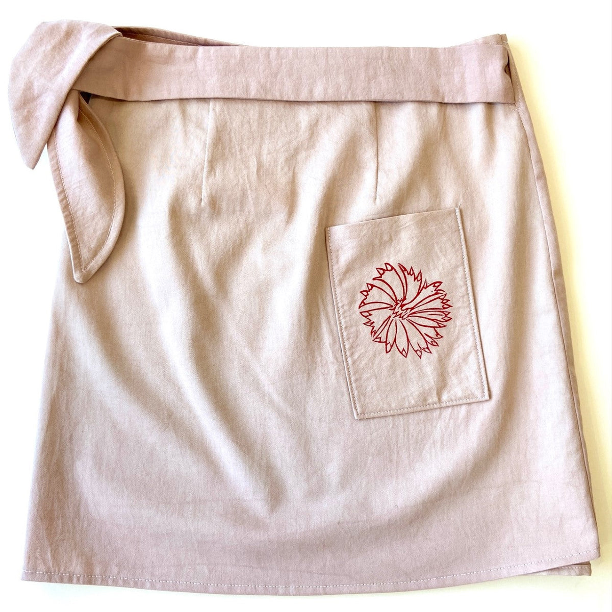 purple hand dyed utilitarian Wrap Skirt with red block printed wildflowers - back - Austin Gift Shop