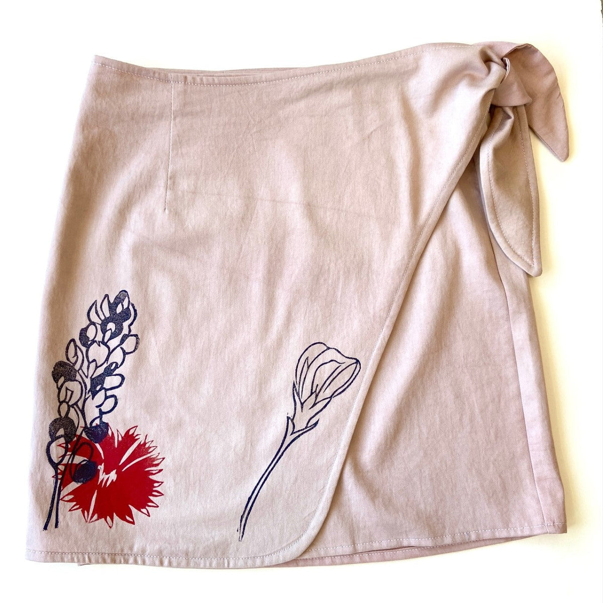 purple hand dyed utilitarian Wrap Skirt with red block printed wildflowers - Austin Gift Shop