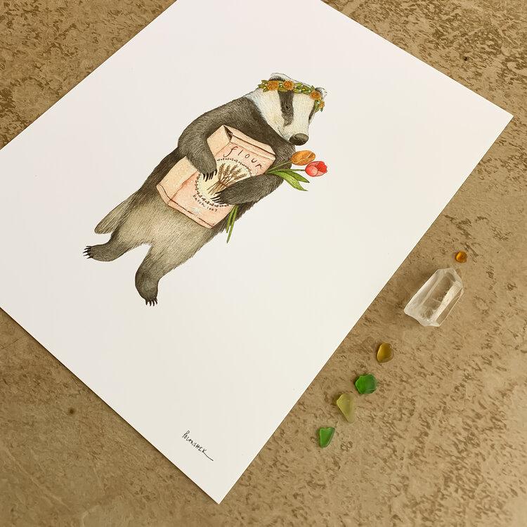 Ann the badger holding Flour with flower crown Print - 8 x 10 - Austin Gift Shop - Angled View