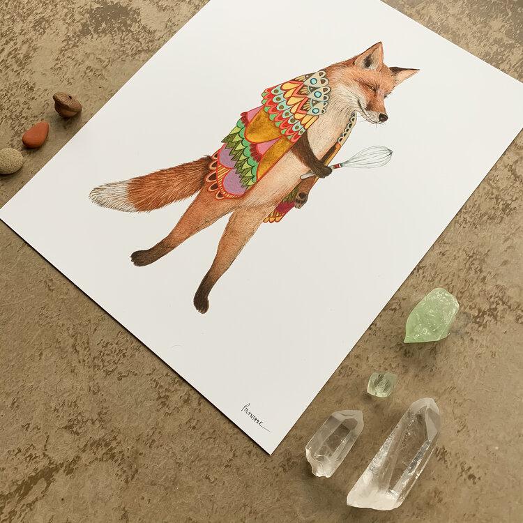 Frank the Fox with quilted shawl and whisk Print - 8 x 10 - Austin Gift Shop - Angled View