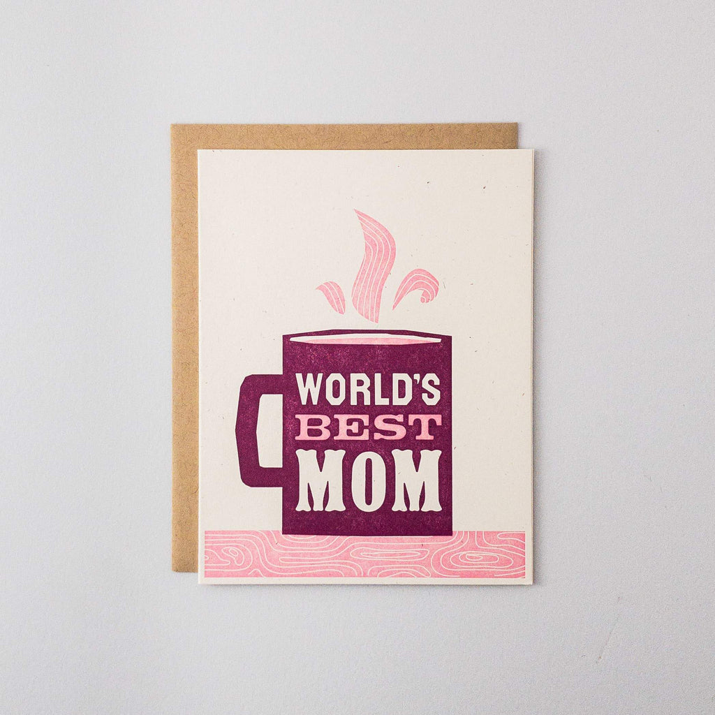 Pink Coffee Mug World’s Best Mom Text  Letterpress Card - Austin Gift Shop