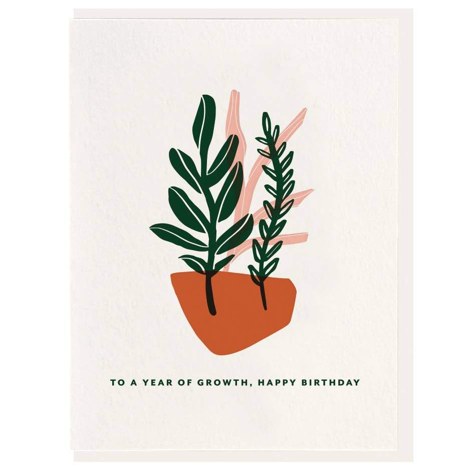 letterpress card with pot with plants and To a year of growth, Happy birthday Text - Austin Gift Shop